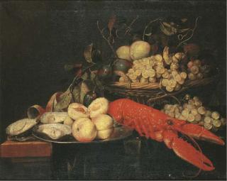 Joris Van Son - Peaches and oysters on a silver platter with grapes, plums and peaches in a basket and a lobster on a partially covered table
