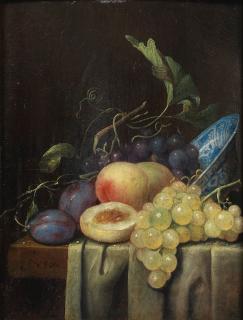 Joris van Son - Peaches, grapes and plums with a wanli kraak bowl on a draped tabletop