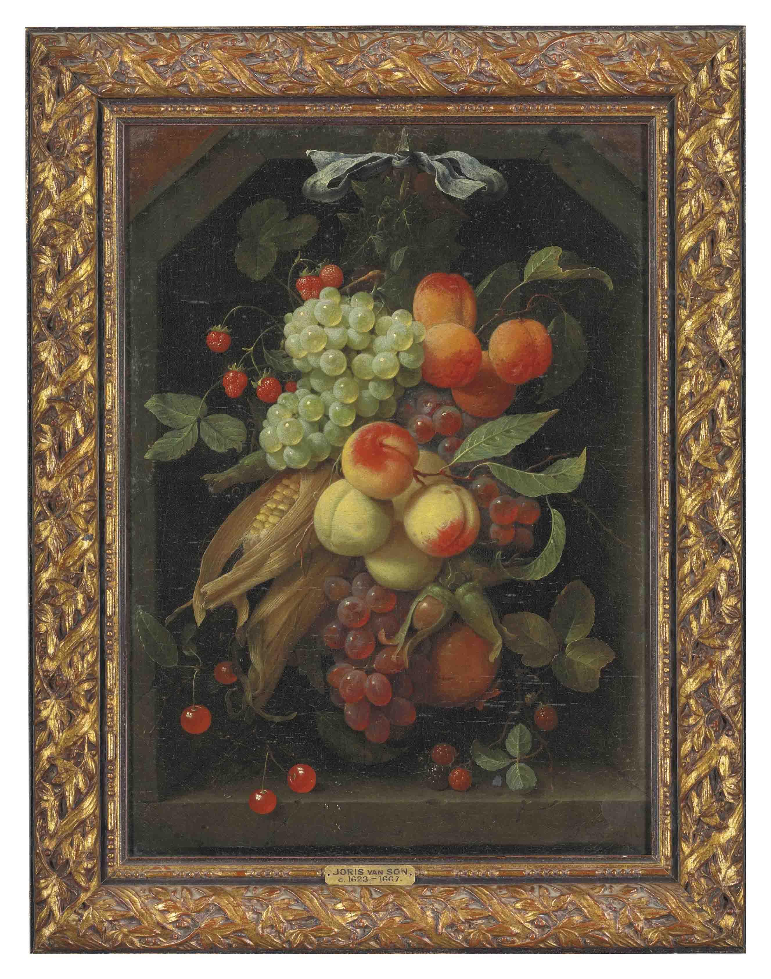 Joris van Son - Peaches, grapes, nectarines, strawberries, cherries, corn, a pomegranate and other fruit hanging from a blue ribbon in a niche