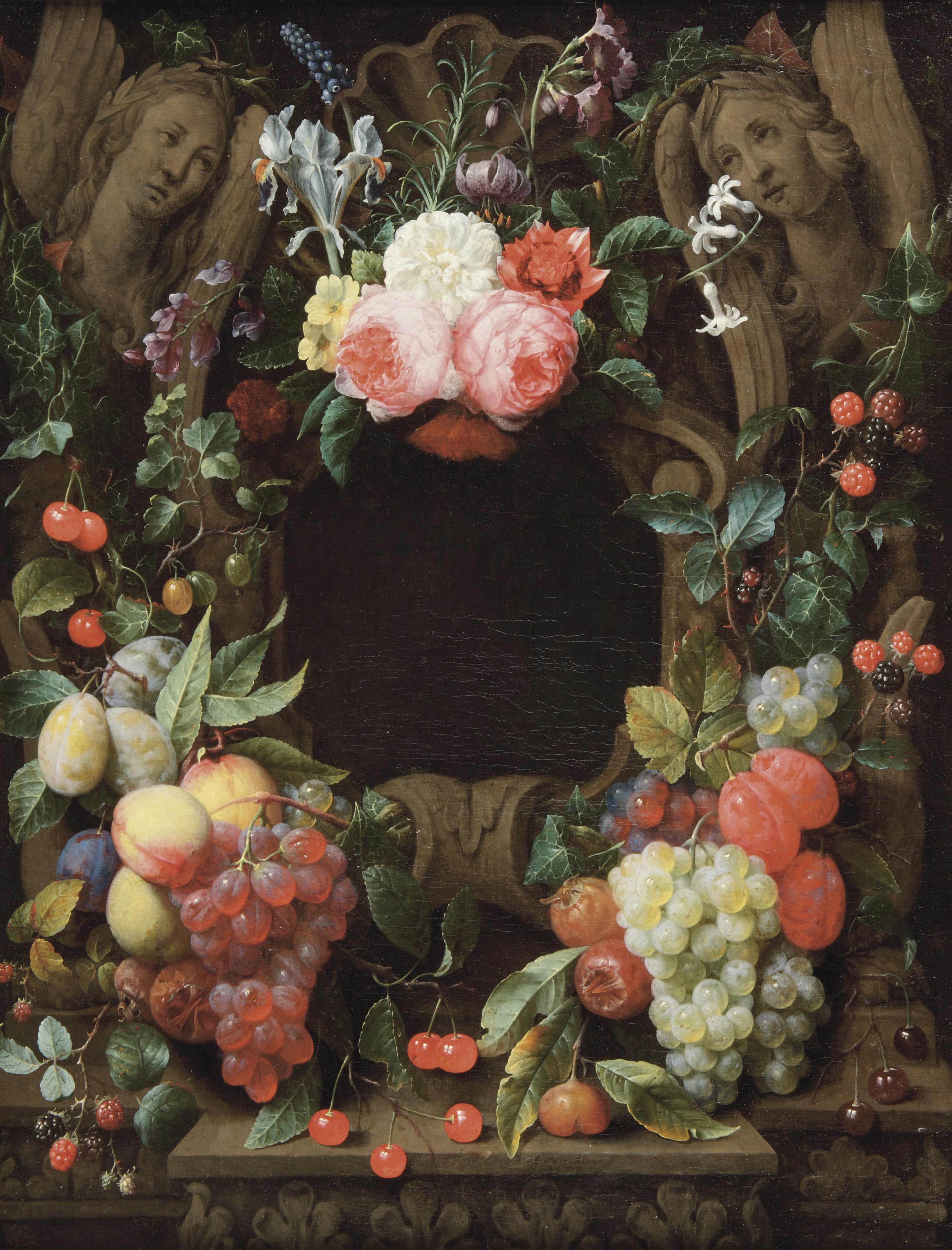 Joris van Son - Pink roses, blackberries, figs, plums, grapes, cherries and other fruits and flowers surrounding a stone cartouche with sculpted angels