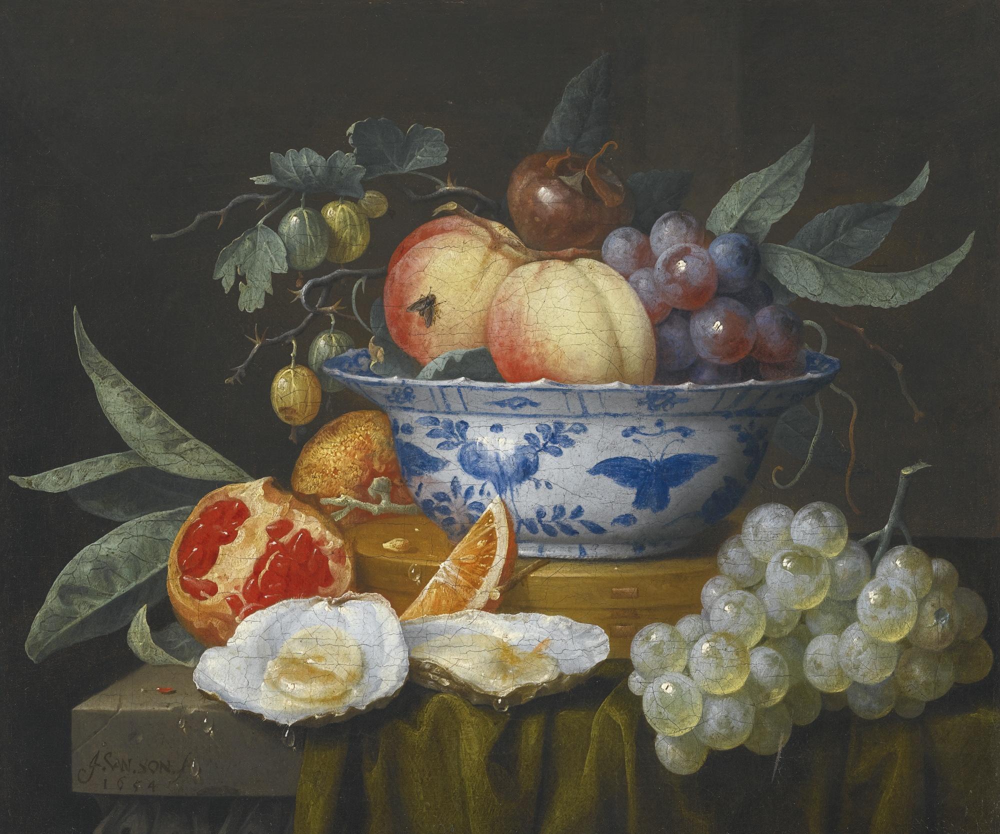 Joris Van Son - Still Life Of Fruit In A Bowl With Oysters And Grapes
