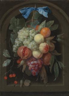 Joris Van Son - Still Life Of Grapes, Peaches, A Pomegranate And Other Fruit Hanging From A Nail Before A Stone Niche