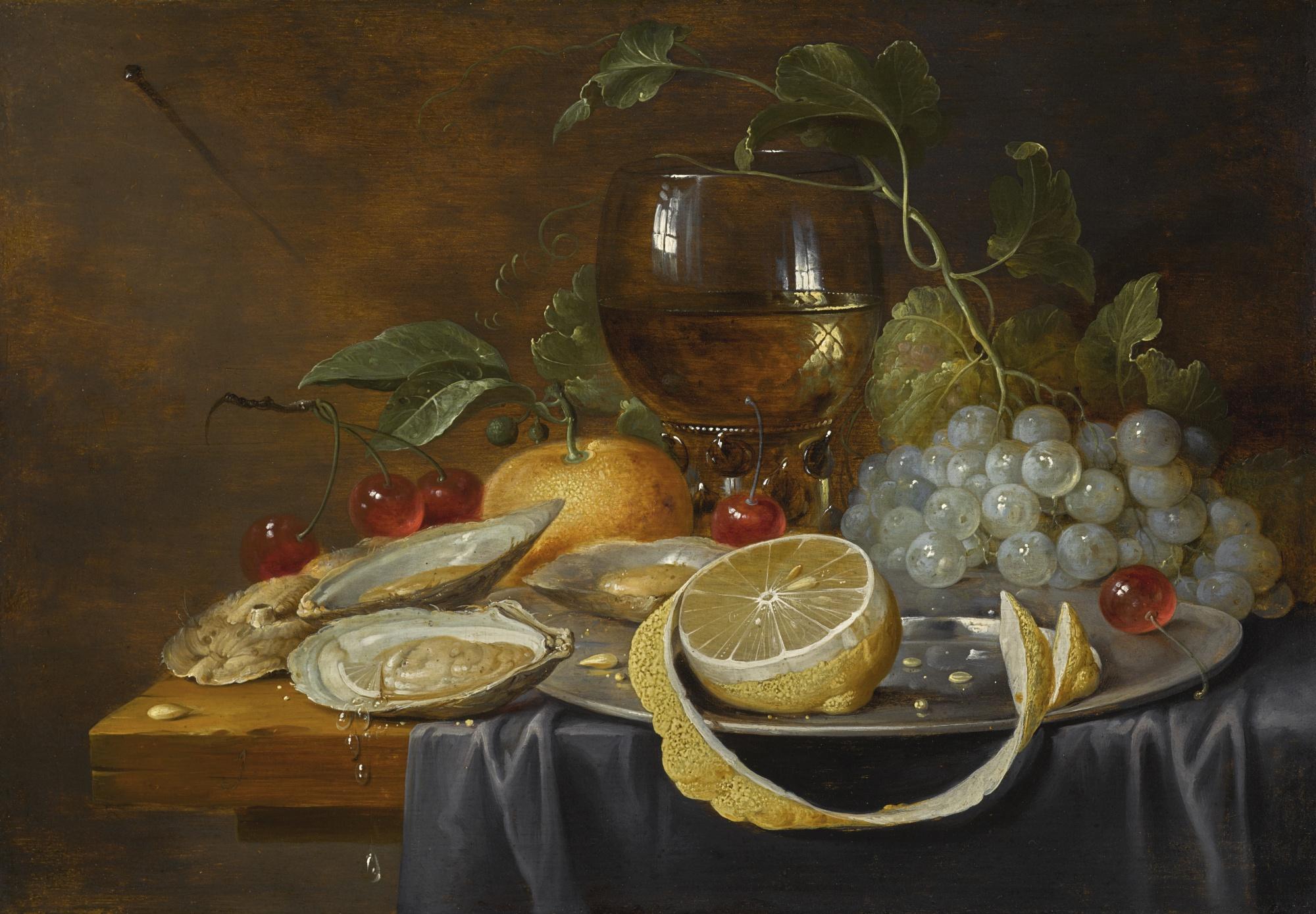 Joris Van Son - Still Life Of Oysters, Cherries, Grapes, Citrus Fruits And A Glass Roemer On A Partially Draped Wooden Table