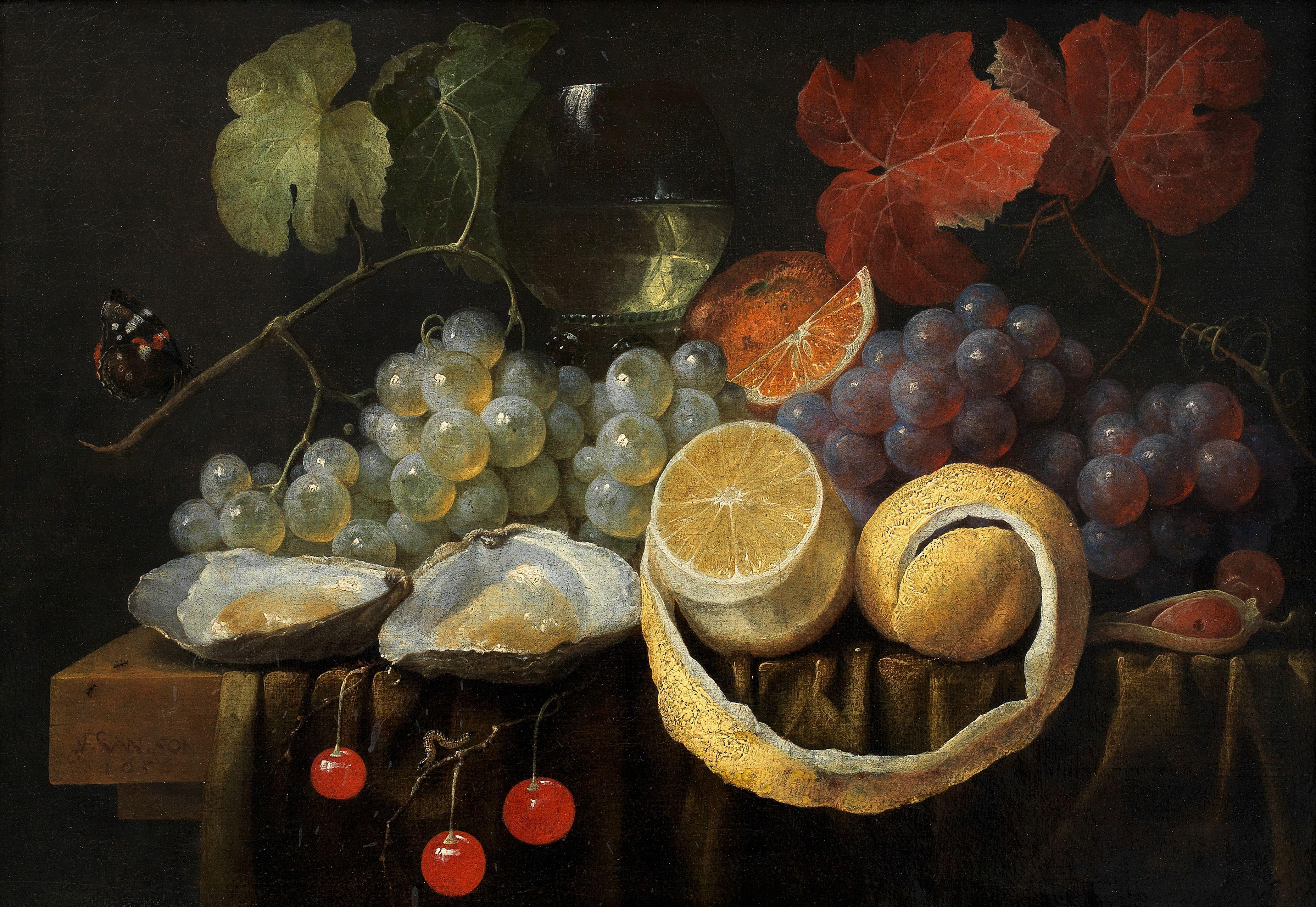 Joris van Son - Still life of oysters, grapes and lemons on a draped table with cherries and a roemer of white wine