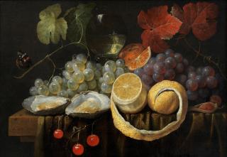 Joris van Son - Still life of oysters, grapes and lemons on a draped table with cherries and a roemer of white wine