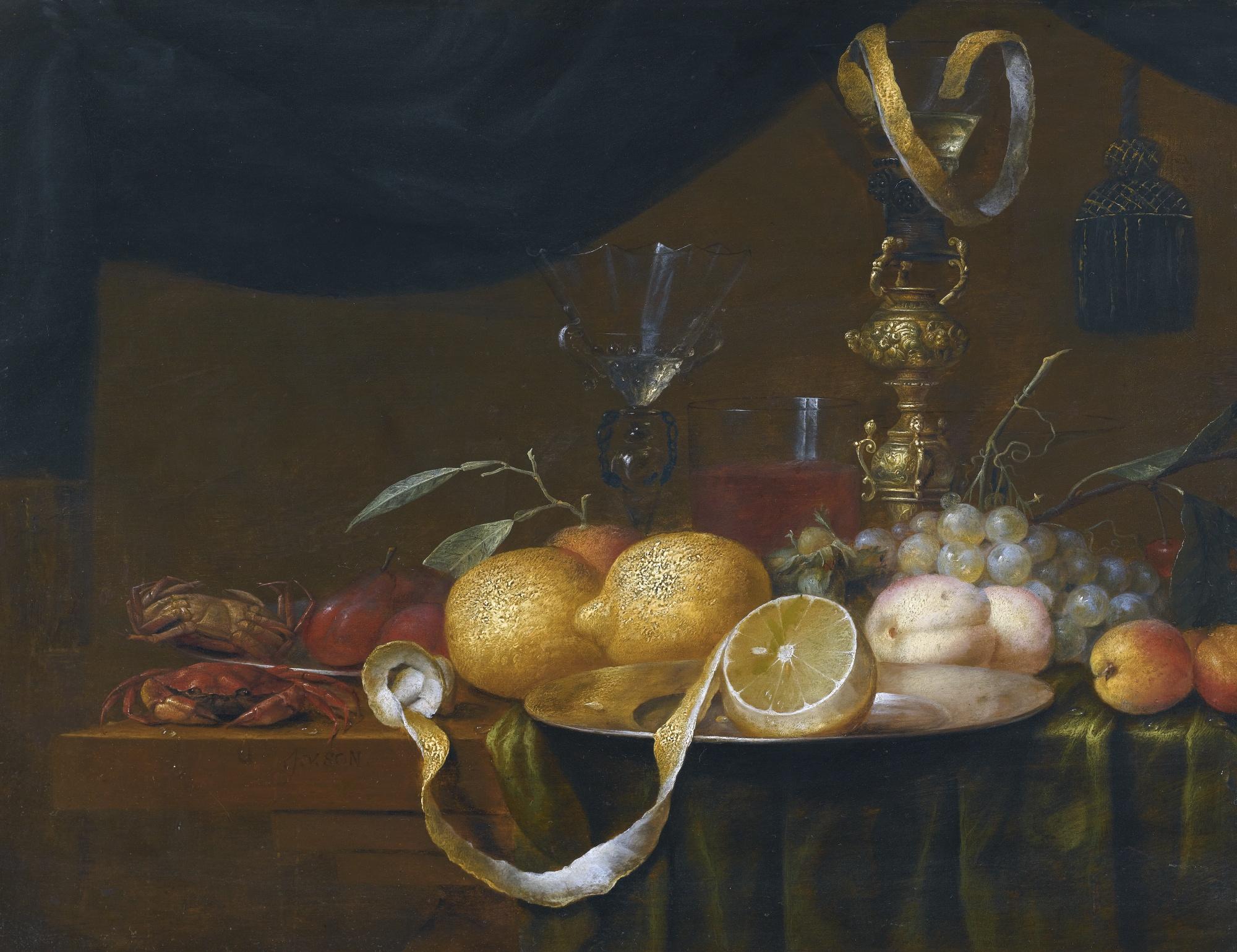 Joris Van Son - Still Life With Crabs, Peaches, Apricots, Grapes And A Partly Peeled Lemon, With Glasses Behind, On A Partly-Draped Table