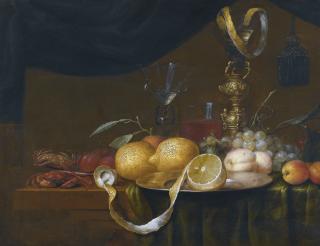 Joris Van Son - Still Life With Crabs, Peaches, Apricots, Grapes And A Partly Peeled Lemon, With Glasses Behind, On A Partly-Draped Table
