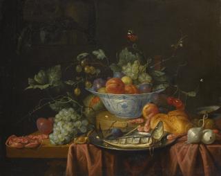 Joris Van Son - Still Life With Fruit In A Wan-Li Porcelain Bowl, With A Crab, Fish And Shrimps On A Table, And A Vanitas Still Life With A Skull On The Ledge, Upper Left