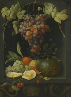Joris Van Son - Still Life With Grapes, A Melon, An Orange, Plums And Oysters In A Stone Niche