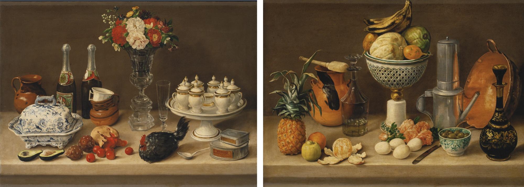 José Agustín Arrieta - Cuadro De Comedor Con Florero De Cristal, Sopera Azul Y Blanco Y Gallina And Cuadro De Comedor Con Frutero, Jarro Y Cafetera 