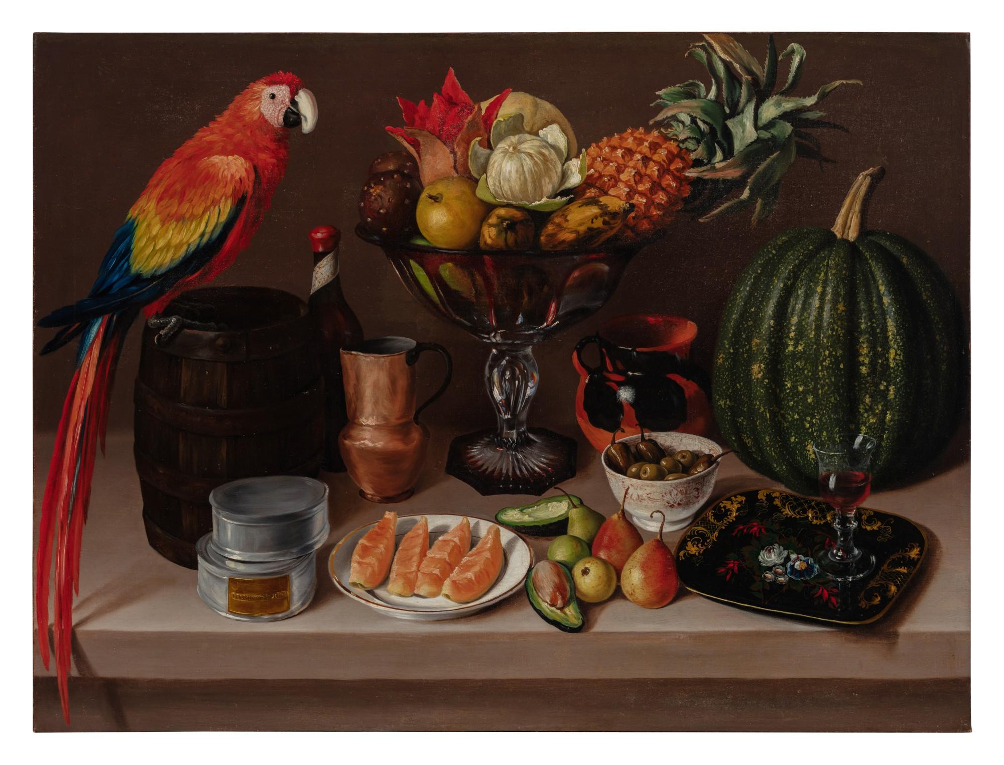 José Agustín Arrieta - Cuadro de Comedor (Guacamaya, barril, frutero de cristal cortado y calabaza)
