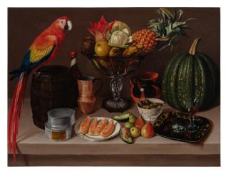 José Agustín Arrieta - Cuadro de Comedor (Guacamaya, barril, frutero de cristal cortado y calabaza)