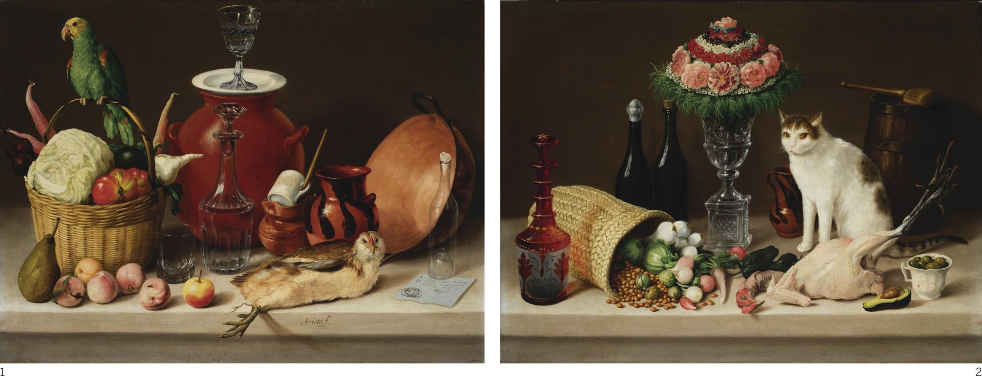 José Agustín Arrieta - Two Still Lifes: (1) Bodegón (Canasta, Perico, Cazo Y Gallina Acostada) And (2) Bodegón (Gato, Florero, Licorera, Pollo Muerto Y Taza De Aceitunas) 