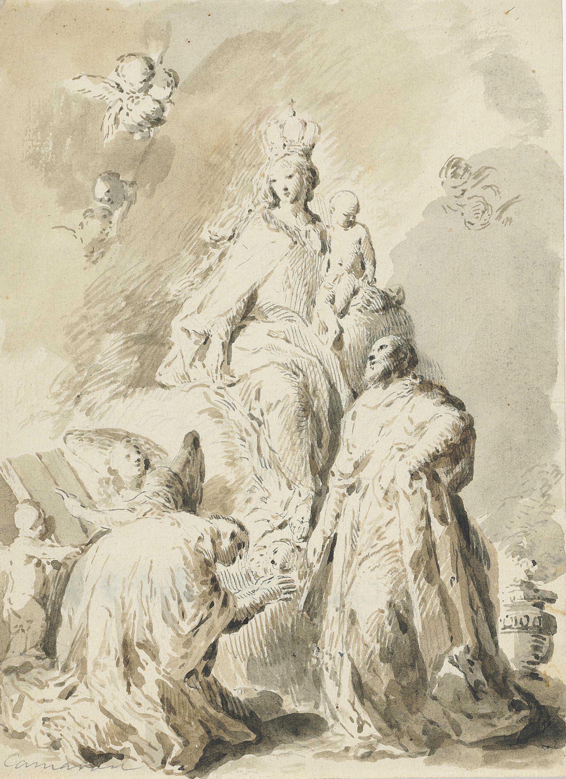 José Camarón Y Boronat - The Madonna and Child in glory surrounded by saints and putti