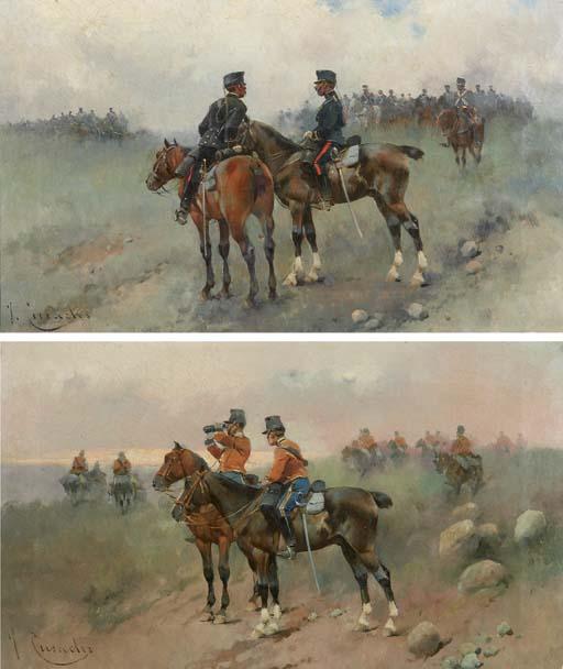 José Cusachs i Cusachs - Pareja de cuadros de militares a caballo (Military men on horseback)