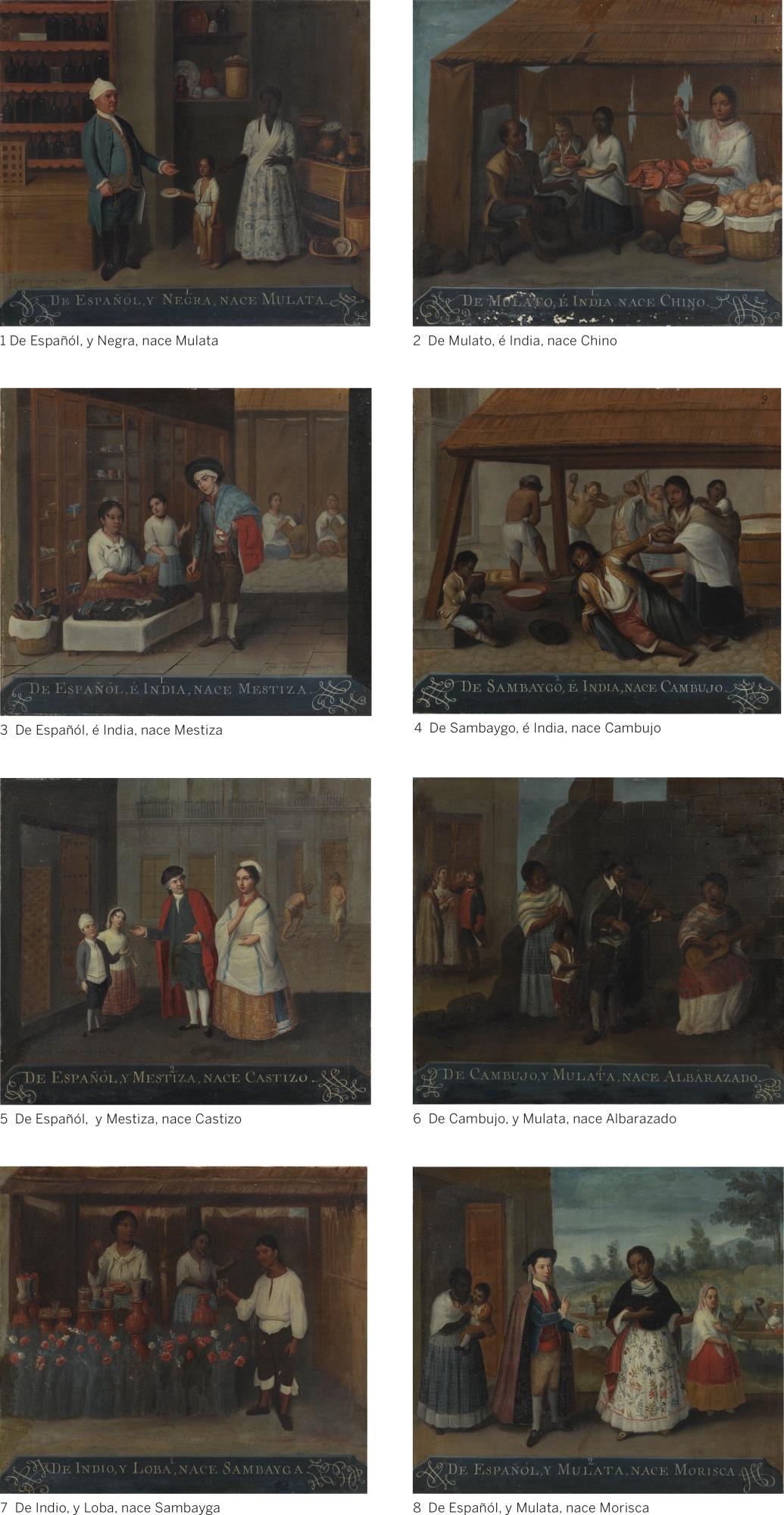 José de Alcibar - A Group Of Eight Casta Paintings: (1) De Españól, Y Negra, Nace Mulata; (2) De Mulato, É India, Nace Chino; (3) De Españól, É India, Nace Mestiza; (4) De Sambaygo, É India, Nace Cambujo; (5) De Españól, Y Mestiza, Nace Castizo; (6) De Cambujo, Y Mulata, N