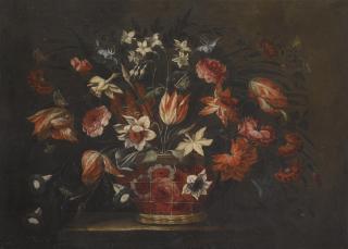José De Arellano - A Still Life With A Basket Of Tulips, Carnations And Other Flowers On A Stone Plinth