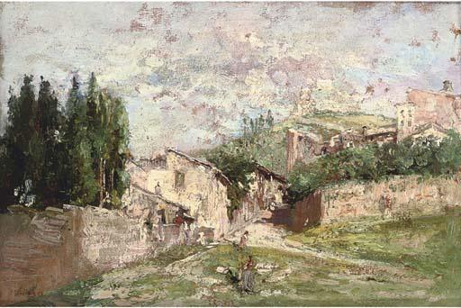 José Gallegos y Arnosa - Figures before a Spanish village