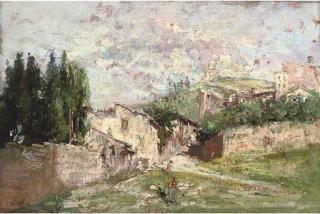 José Gallegos y Arnosa - Figures before a Spanish village