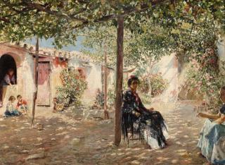 José Gallegos Y Arnosa - Ladies in a sun-dappled courtyard