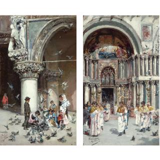 José Gallegos - Spanish Outside Saint Mark\'S Basilica, Venice; A Pair 
