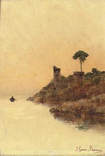 José Garcia Y Ramos - A fishing boat beside the shore