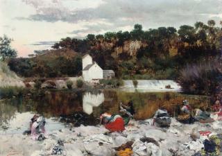 José García Y Ramos - Washerwomen at a tranquil stretch of the river