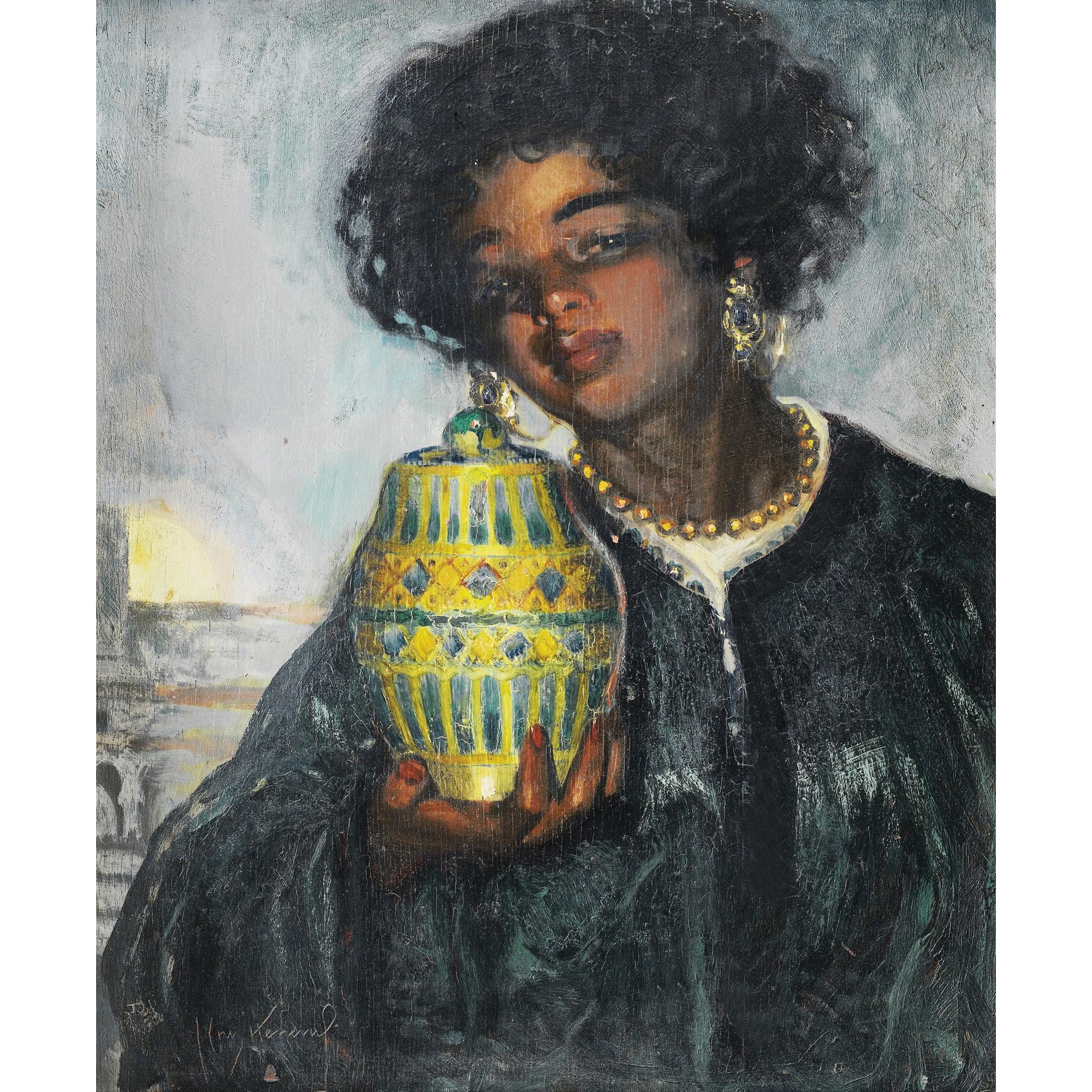 José Herrerilla Cruz Herrera - Jeune Fille Au Jobbanajosé Herrerilla Cruz Herrera ; Portrait Of A Girl With A Jobbana ; Signed Lower Left And Dedicated To Trino Cruz On The Reverse ; Oil On Panel