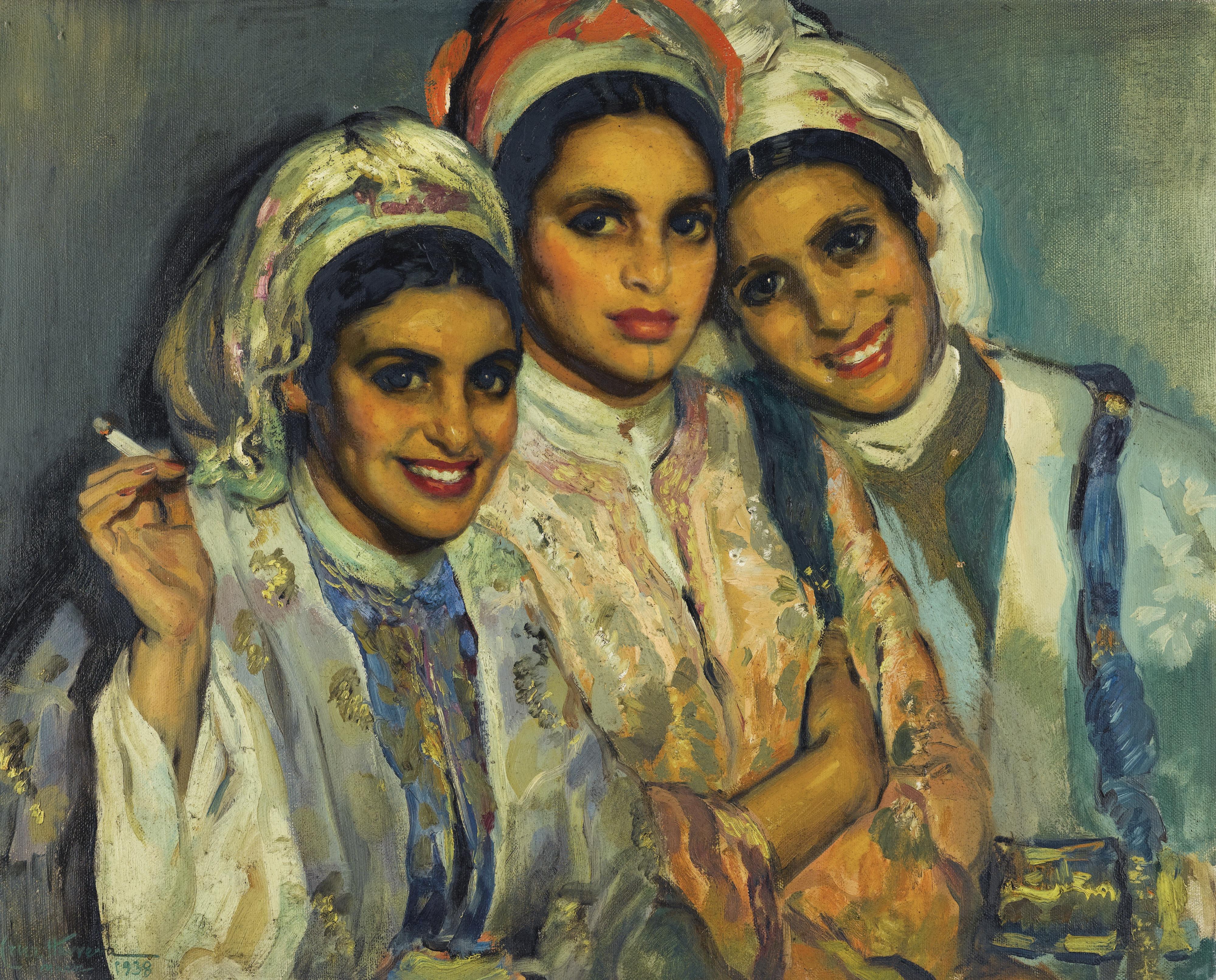 Jose-Herrerilla Cruz Herrera - Les Trois Amiesjosé-Hererilla Cruz Herrera ; Three Friends, Morocco ; Signed, Located  And Dated Lower Left J Cruz Herrera Maroc 1938 ; Oil On Canvas