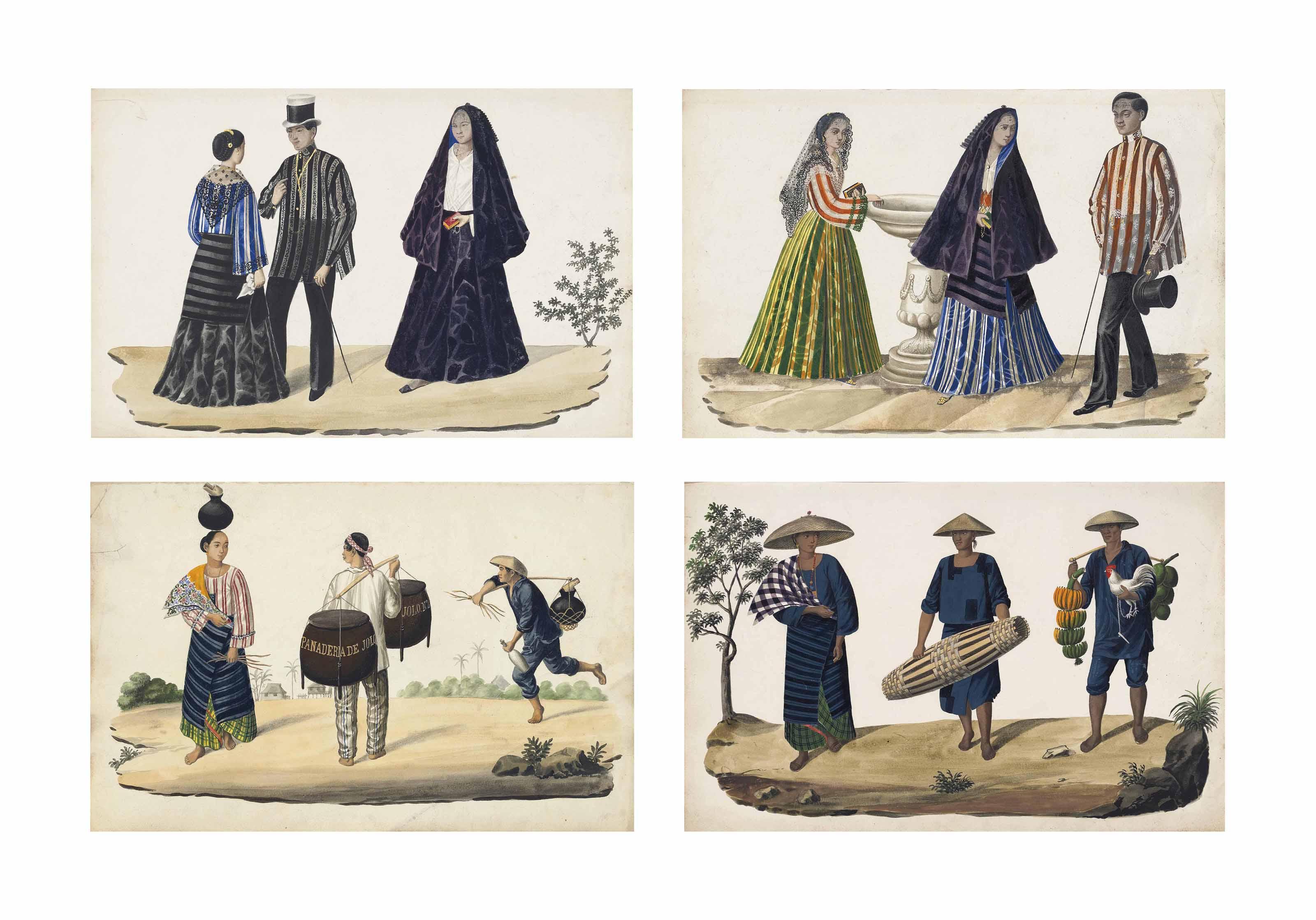 José Honorato Lozano - Four Studies Of Filipinos: Two Mestizas And A Mestizo Going To Mass; Two Mestizas And A Mestizo By A Font; Street Vendors Selling Bread And Milk; And Street Vendors