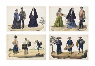 José Honorato Lozano - Four Studies Of Filipinos: Two Mestizas And A Mestizo Going To Mass; Two Mestizas And A Mestizo By A Font; Street Vendors Selling Bread And Milk; And Street Vendors
