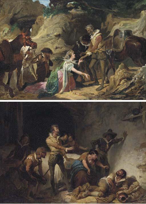 José Jimenez y Aranda - Dorotea pretends to be the Princess Micomicona; and Sancho Panza drinks the True Balsam of Fierbras: two scenes from Don Quixote