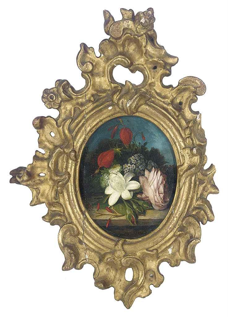 José María Bracho Murillo - A camelia, forget-me-nots, roses and other flowers on a stone ledge in a landscape; and A peony, poppies, dandelion and other flowers on a wooden ledge