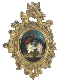 José María Bracho Murillo - A camelia, forget-me-nots, roses and other flowers on a stone ledge in a landscape; and A peony, poppies, dandelion and other flowers on a wooden ledge