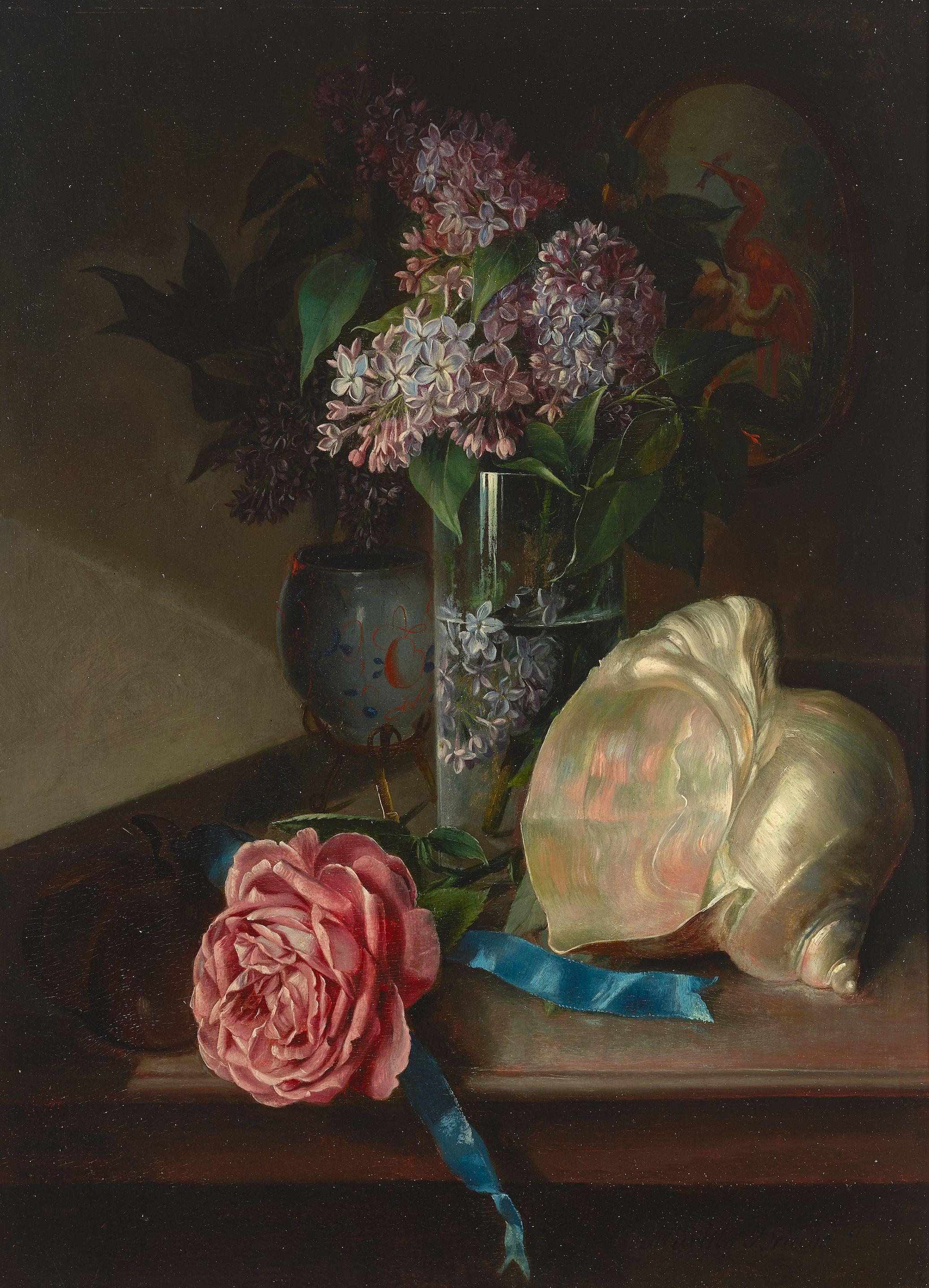 José María Bracho Murillo - A still life with a vase of lilacs, a rose and a conch shell on a table; An amphora shaped vase, a basket of peonies, an abalone shell and pansies on a draped table (a pair)