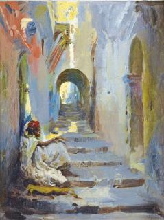 José Navarro Llorens - Escalier Dans La Medinajosé Navarro Llorens ; Stairs In The Medina ; Signed Lower Right ; Oil On Canvas Laid Down On Panel