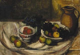 Jose Palmeiro - Bowls of fruit with a vase of flower and a jug on a partially draped table
