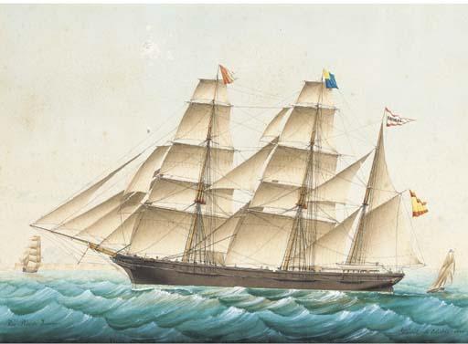 Jose Pineda Querra - The Spanish three-masted barque Anibal with a pilot cutter off her stern and an English merchantman off her starboard bow