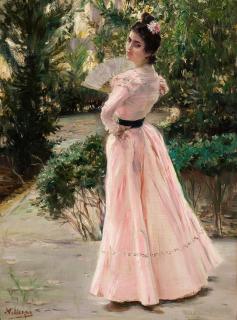 José Villegas Y Cordero - An elegant lady on a summer\'s day dressed in pink