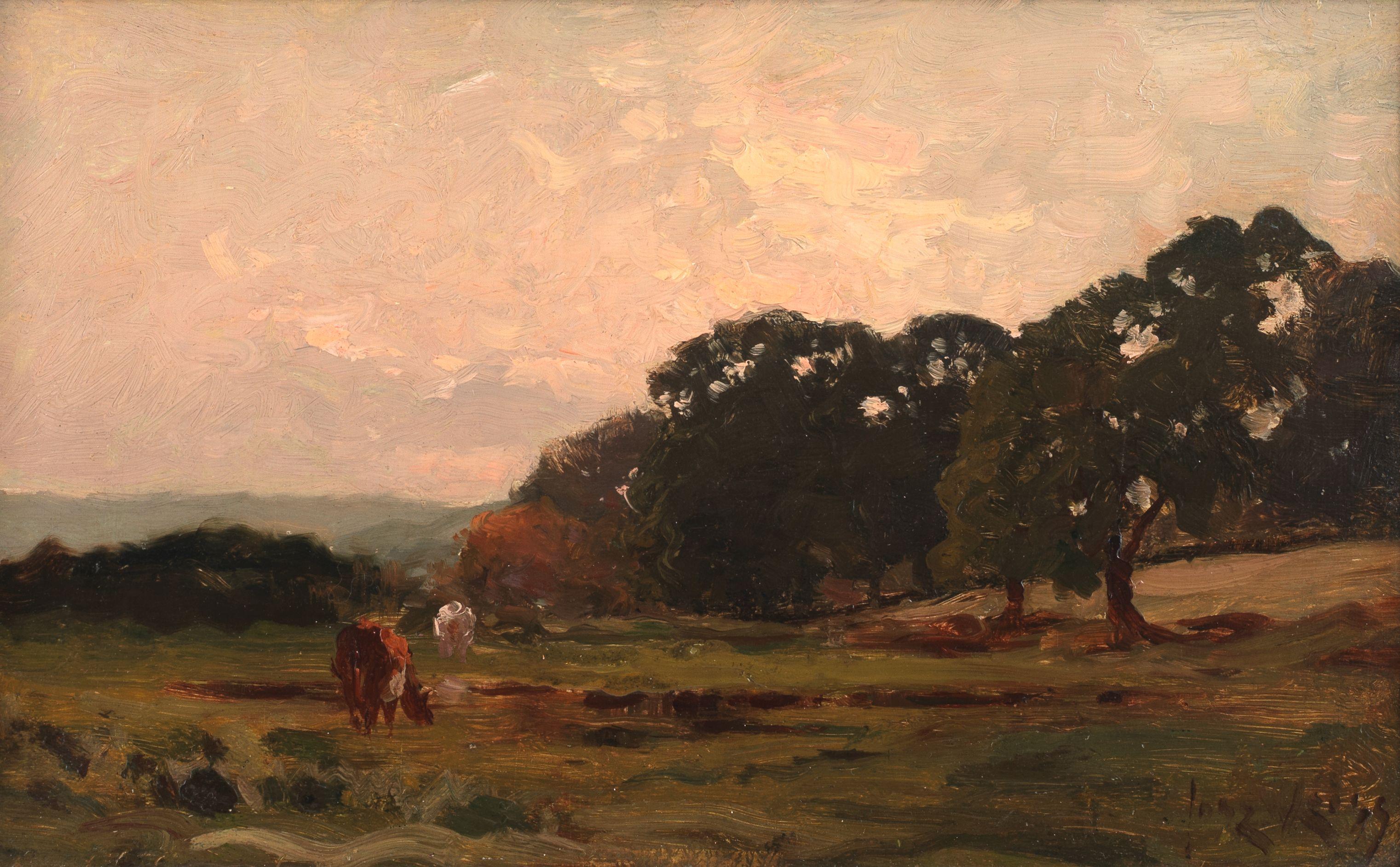 José Weiss - Landscape with cattle grazing; River landscape, a pair the first 16.5 x 27.3cm (6 1/2 x 10 3/4in); the second 13.6 x 23.5cm (5 3/8 x 9 1/4in). (2)