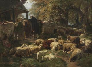 Josef Anton Braith - A shepherd with his sheep and lambs leaning over a fence watching villagers attending mass