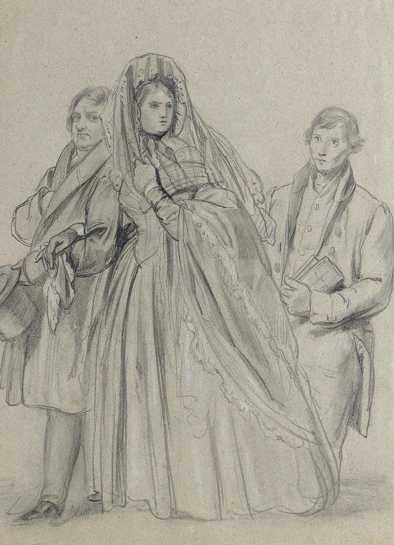 Josef Franz Danhauser - Study for figures in Die Klostersuppe (recto); Study of a woman standing, her right arm outstretched (verso)