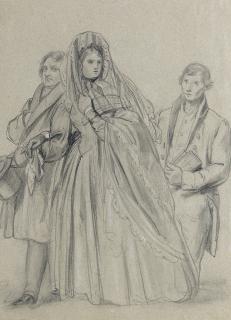 Josef Franz Danhauser - Study for figures in Die Klostersuppe (recto); Study of a woman standing, her right arm outstretched (verso)