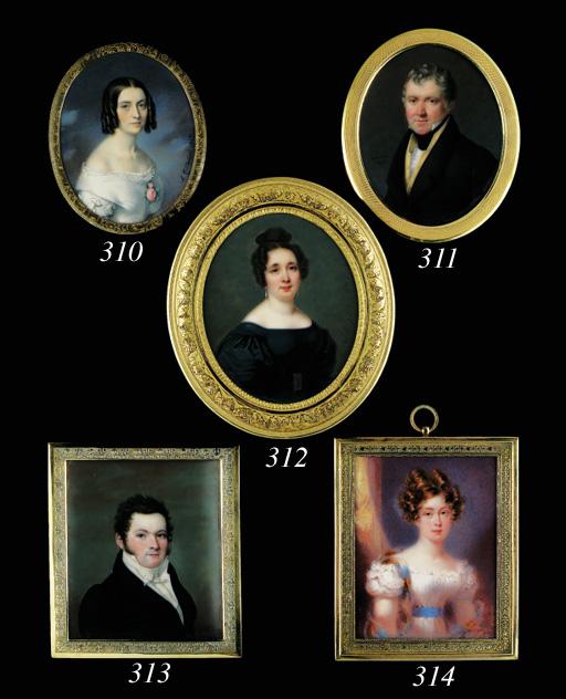 Josef Heigel - A lady, facing right in black dress with puffed sleeves, gold buckle, drop gold and enamel earrings, her dark brown hair dressed in ringlets and a top knot held by a tortoiseshell comb