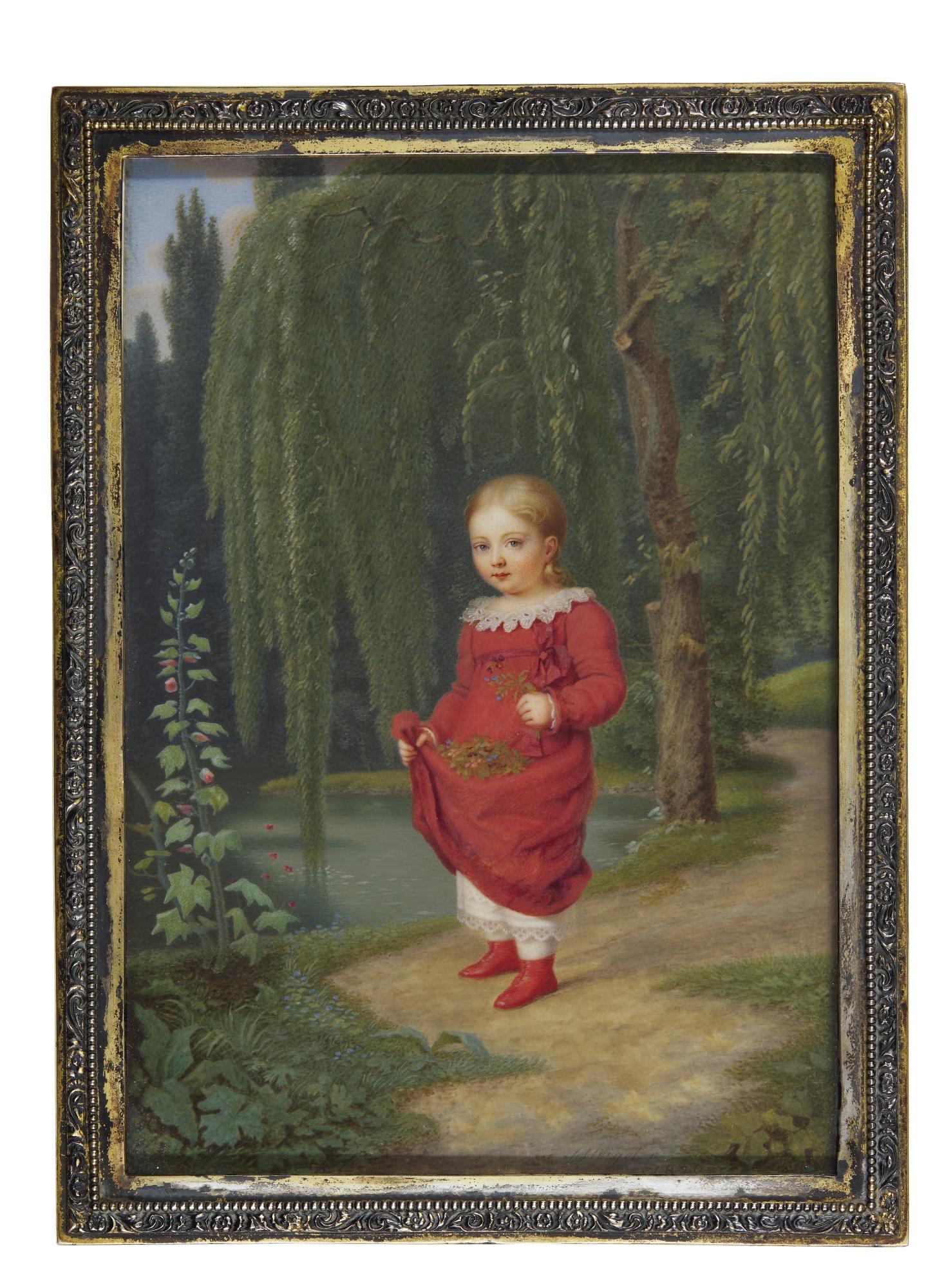 Josef Heigel - Portrait Of A Young Girl Gathering Flowers