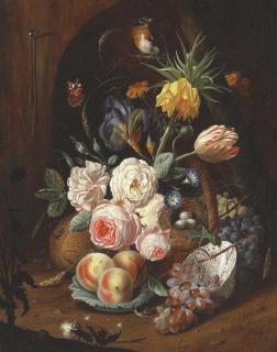 Josef Holstayn - Assorted Flowers, Fruit, Insects, a Bird and a Nest with a Porcelain Bowl before a niche