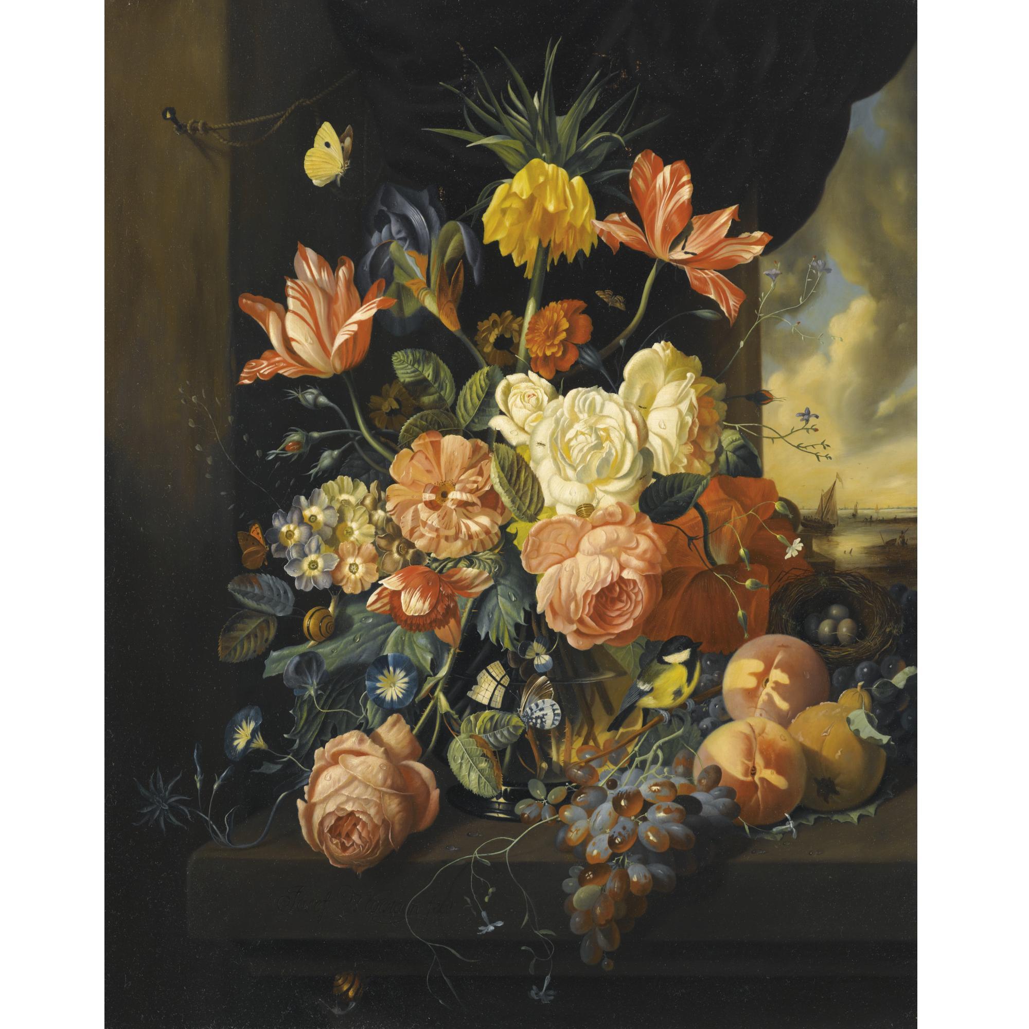 Josef Holstayn - German Blumenstillleben Mit Tulpen, Rosen Und Früchten (Still Life With Tulips, Roses And Fruit)