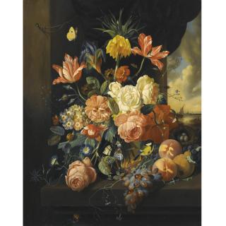 Josef Holstayn - German Blumenstillleben Mit Tulpen, Rosen Und Früchten (Still Life With Tulips, Roses And Fruit)