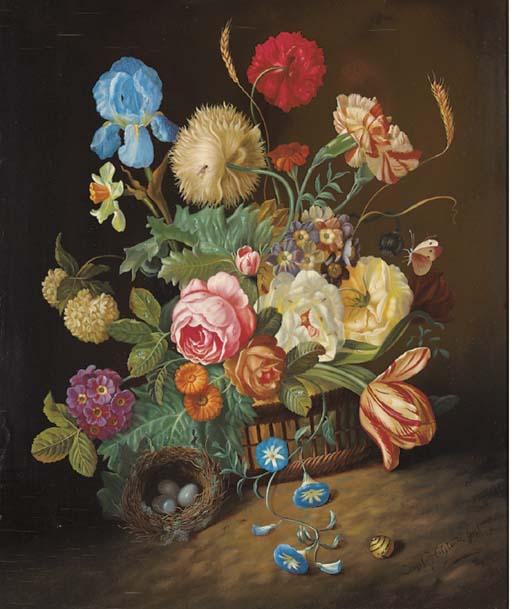 Josef Holstayn - Irises, roses, tulips, peonies, poppies, marigolds in a basket and a bird\'s nest