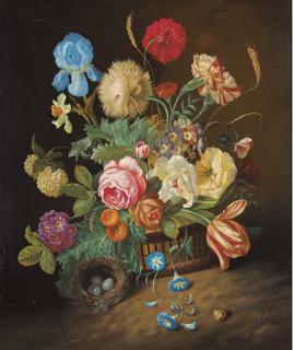 Josef Holstayn - Irises, roses, tulips, peonies, poppies, marigolds in a basket and a bird\'s nest